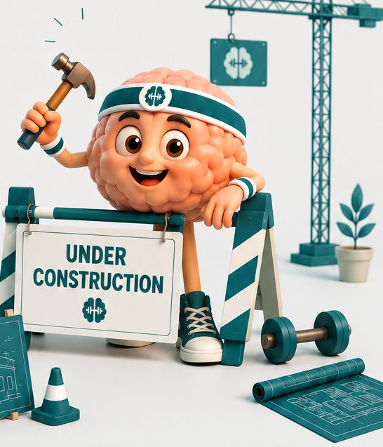 Breinfit-mascotte aan het werk bij een 'under construction' bord